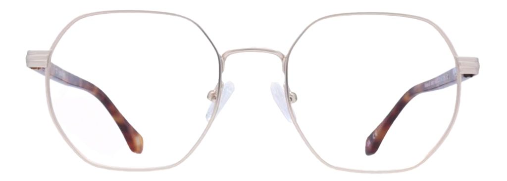 A hexagonal pair of gold metal glasses with tortoiseshell temples and clear rubber nose pads.