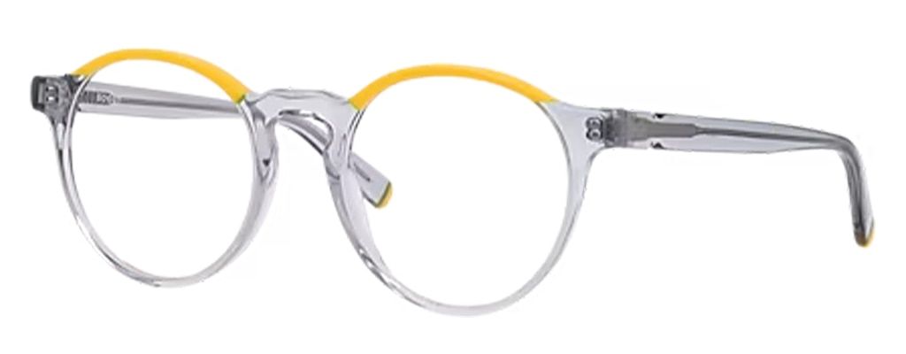 Translucent, phantos-shaped acetate eyeglasses shown at an angle, with a rounded silhouette, bright yellow detail along the top, and a distinctive keyhole bridge for a vintage-inspired look.