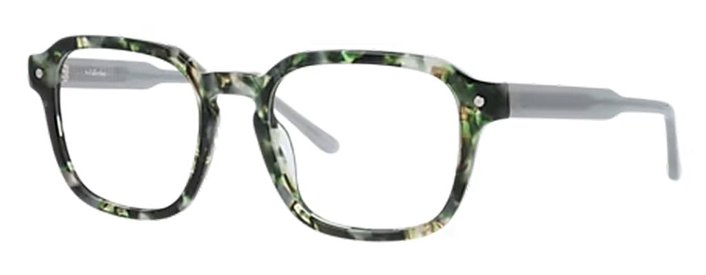 A pair of acetate square glasses, positioned at an angle. The front of the frame is Havana green embellished with silver pin detailing, complemented by light grey temples.