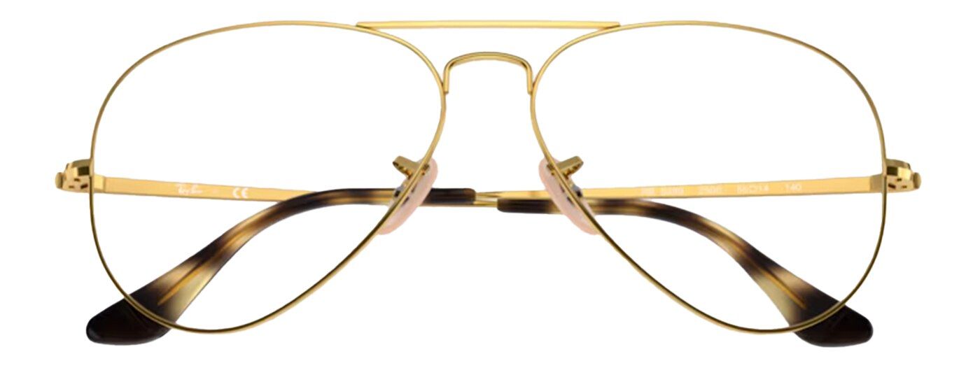 A gold Ray-Ban Aviator frame folded up. The frame is made of metal and the tips are tortoiseshell acetate.