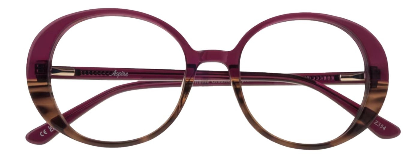 An oversized oval-shaped frame made of acetate with a purple and brown ombre effect. The frame has a classic vintage vibe. It is folded up.