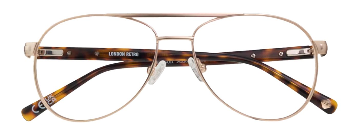 A pair of gold metal pilot glasses, folded up. The temples are made of tortoiseshell acetate.