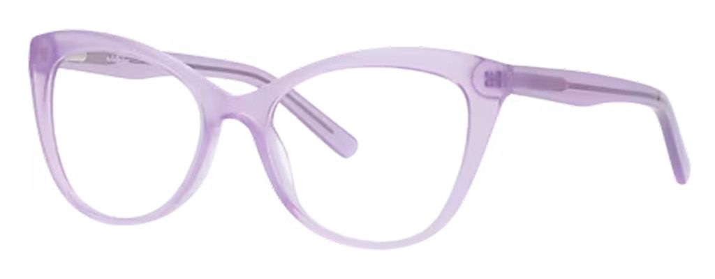 A pair of acetate cat-eye glasses, positioned at an angle. The frame is a transparent pearly purple colour.