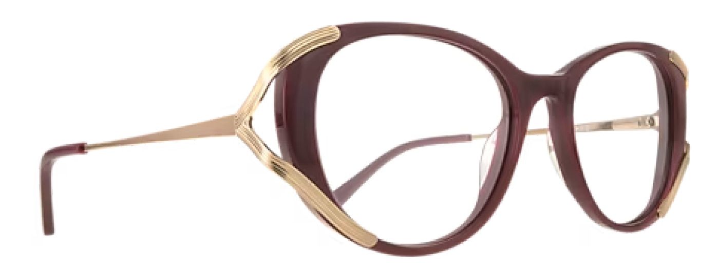 Side view of bold cat-eye glasses featuring gold-tone metal temples, dual-mounted to a burgundy acetate front.