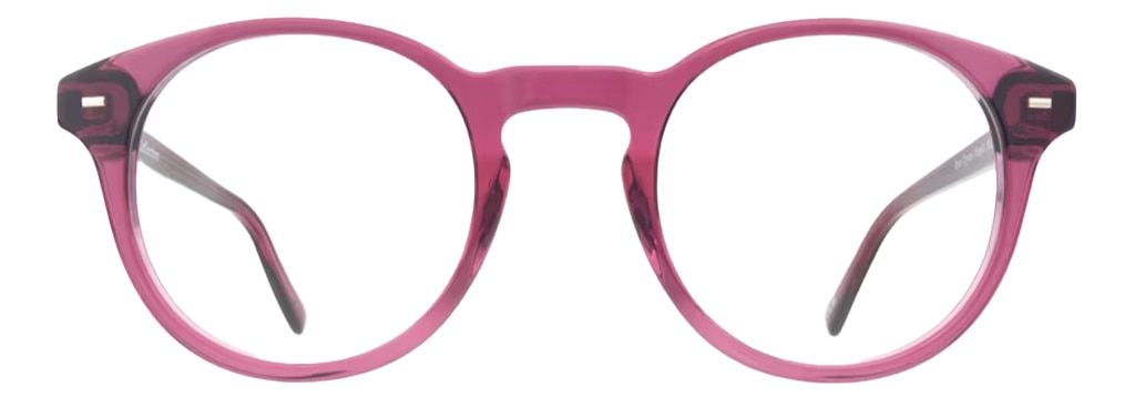 An oversized phantos-shaped pair of glasses made of bright purple acetate. The frame has a keyhole bridge and metal pin detailing.