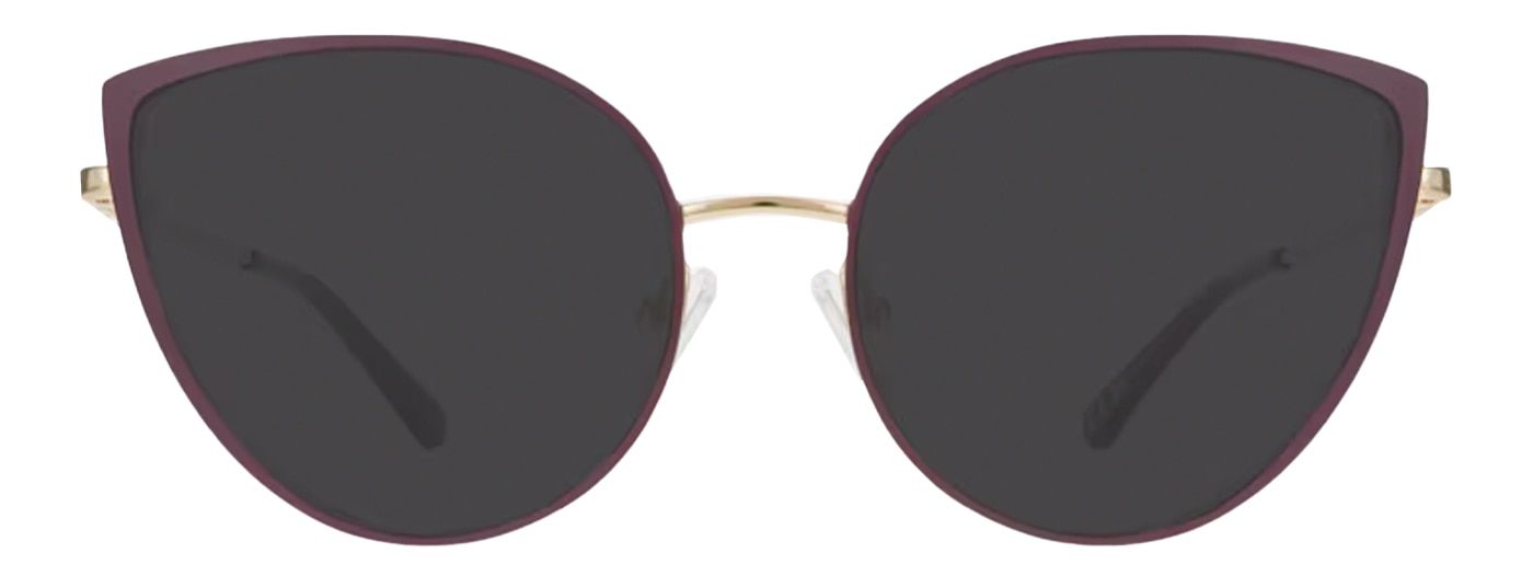 Large cat-eye sunglasses with a classic triangular shape. They are made of gold and purple metal and have clear rubber nose pads. They are embellished with decorative pearls along the temples.
