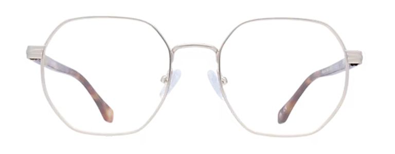 Front view of London Retro Hainault metal glasses with a thin gold finish and softly angled hexagonal lenses. The frame features adjustable nose pads and subtle tortoiseshell-patterned temples. The glasses are displayed against a plain light background.