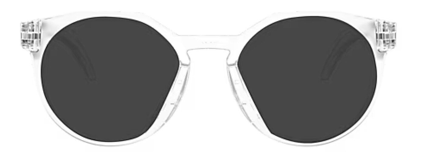 Front view of round transparent Oakley sunglasses made of plastic with a keyhole bridge.