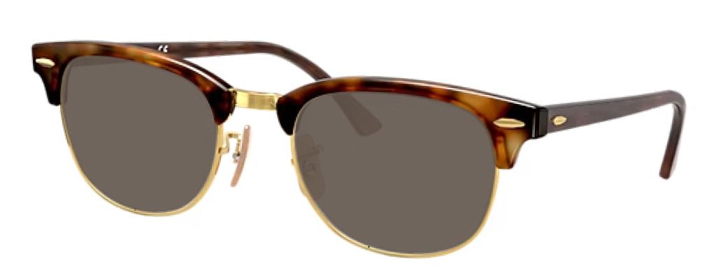 GIF of classic Ray-Ban® Clubmaster frames with transitioning Drivewear® lenses. The frames have a red Havana top and gold trims.