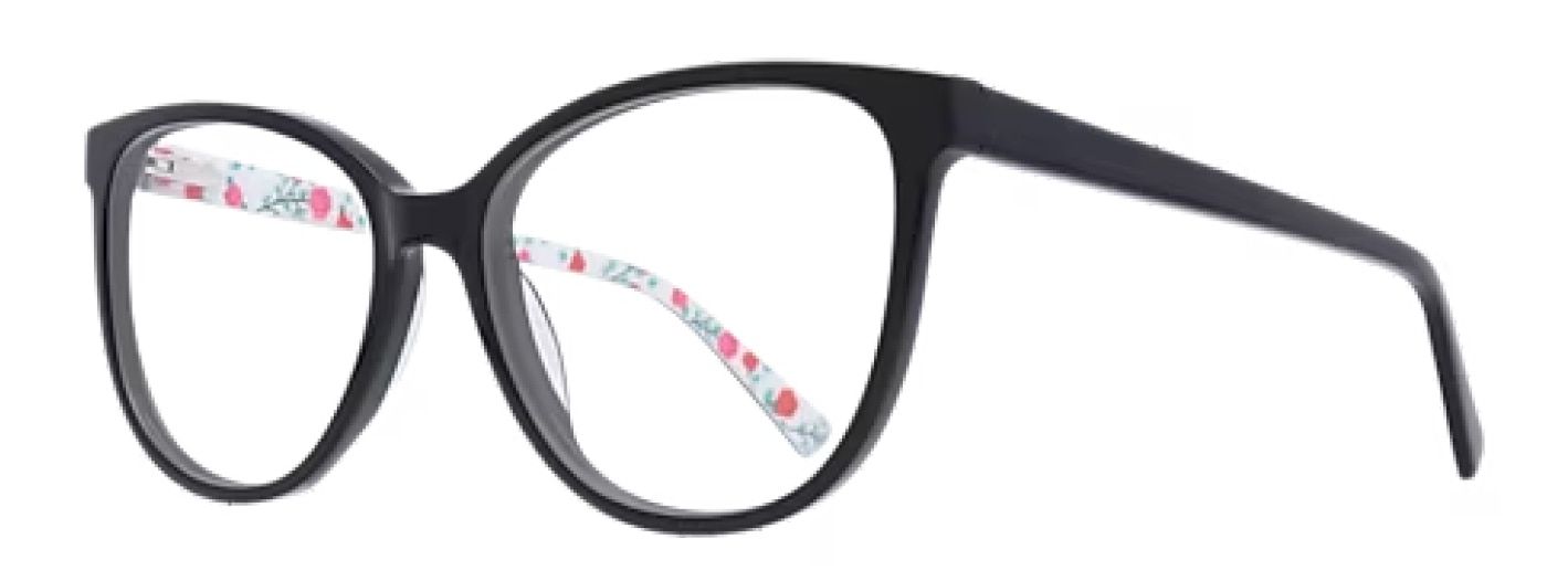A side view of a pair of black acetate cat-eye glasses with floral print on the inside of the frame.