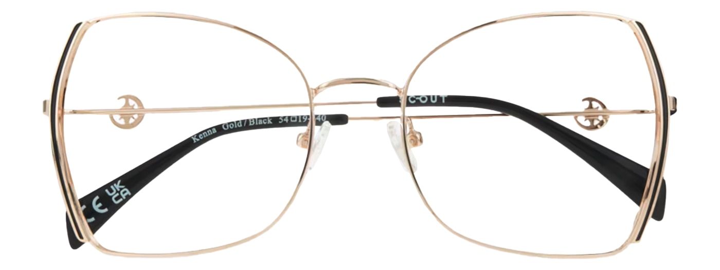 A large pair of butterfly glasses made of gold metal, folded up. The cosmic design along the temples is just visible. Its temple tips are made of black acetate.