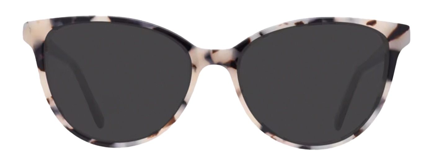 Medium cat-eye sunglasses made of bio-based acetate. They have a milky mottle print at the front and purple temples with wooden tips.
