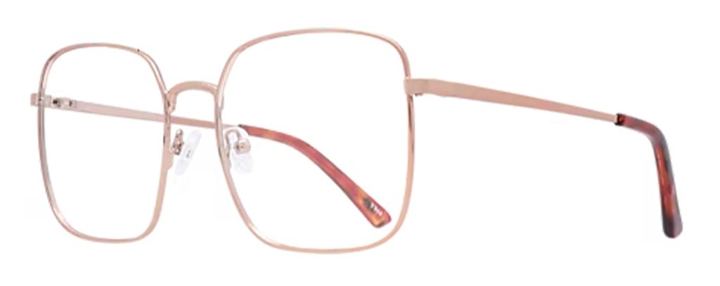 Rose pink metal oversized square glasses with dark pink acetate temple tips and clear rubber nose pads, side view. Mother's Day gift.