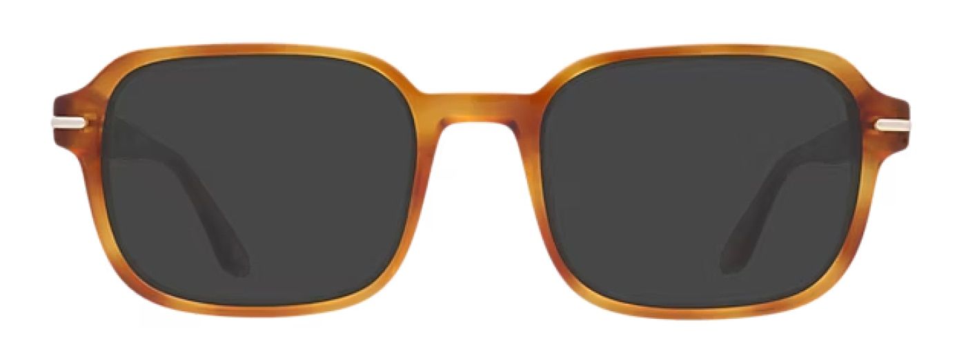 Oval honey-coloured sunglasses made of acetate with a sleek metal bar along the temples.