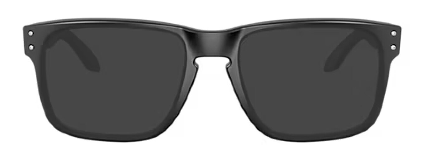 Front view of large square black plastic Oakley sunglasses. The frame has a keyhole bridge and pin detailing.