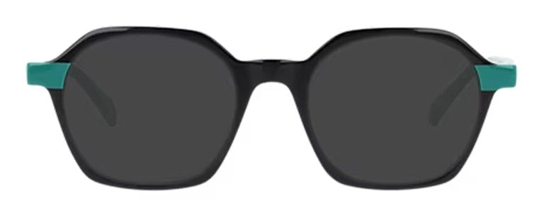 Irregular-shaped black acetate sunglasses with tinted lenses and contrasting green temples for a bold, modern look.