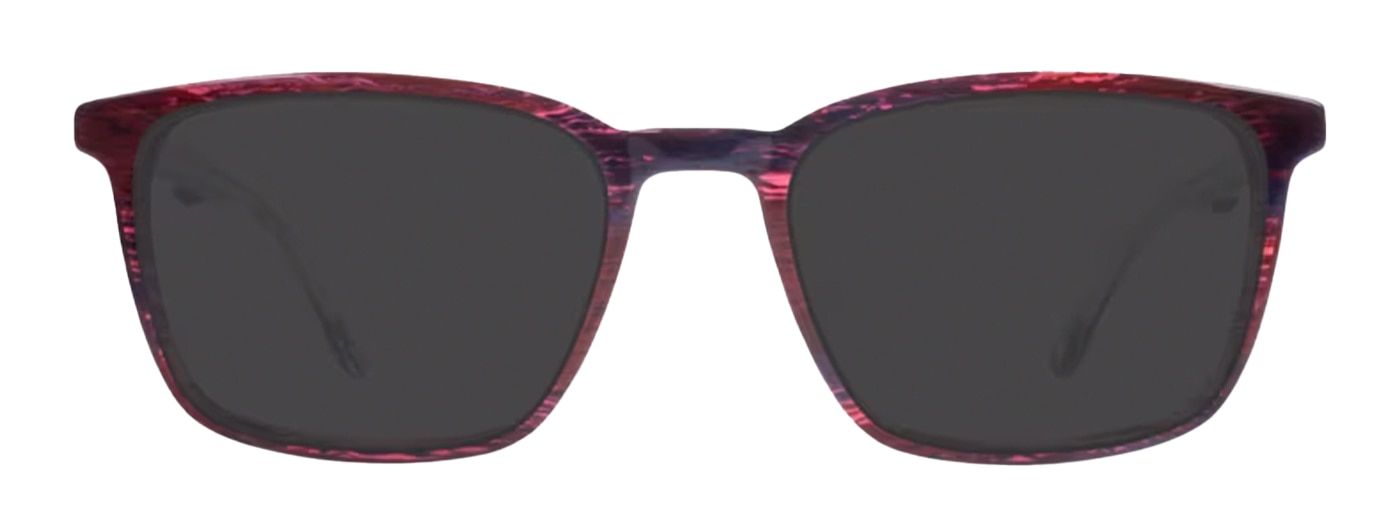Sporty square sunglasses from New Balance, made of eco-friendly acetate. The front of the frame features a bright red pattern while the temples are dark blue and white.