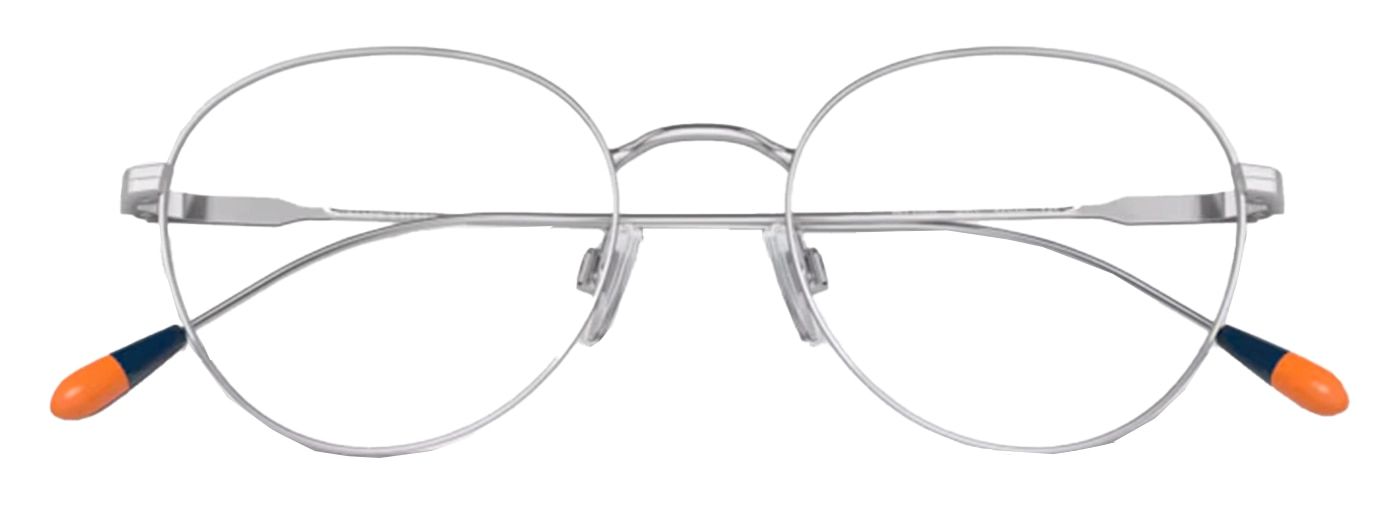 A silver oval-shaped metal frame from Polo Ralph Lauren. The temple tips have a unique orange and blue design.