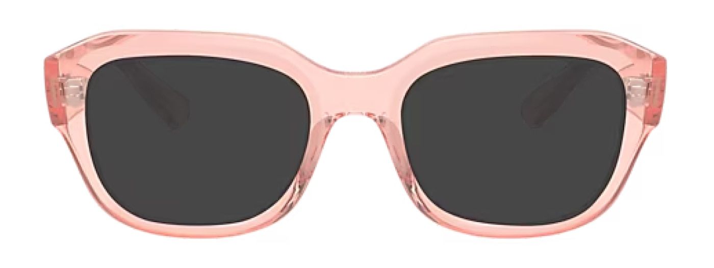 A pair of square, transparent pink Ray-Ban sunglasses made of acetate.