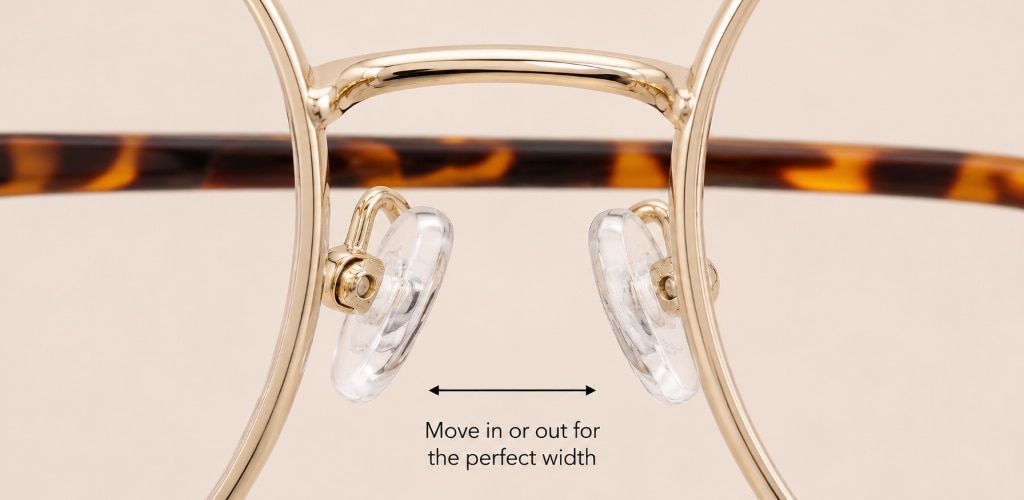 Close-up of adjustable nose pads on gold metal glasses, illustrating how the pads can be moved in or out to create a more secure, comfortable fit.