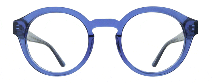 Round, blue GD Collection frames transitioning from clear to Amethyst Transitions tint