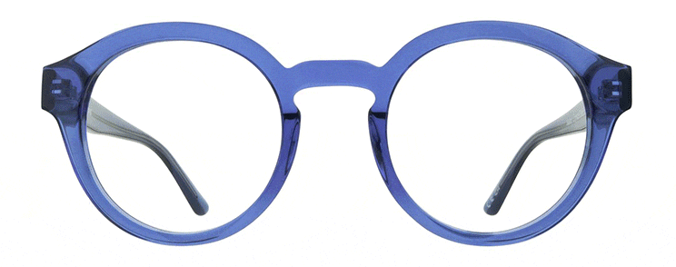 Round, blue GD Collection frames transitioning from clear to Amethyst Transitions tint