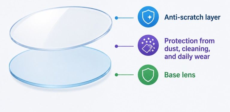 Illustration showing the structure of an anti-scratch spectacle lens. A transparent anti-scratch layer sits above a base lens, with labels highlighting protection from dust, cleaning, and daily wear. Icons accompany each layer to explain how the coating h