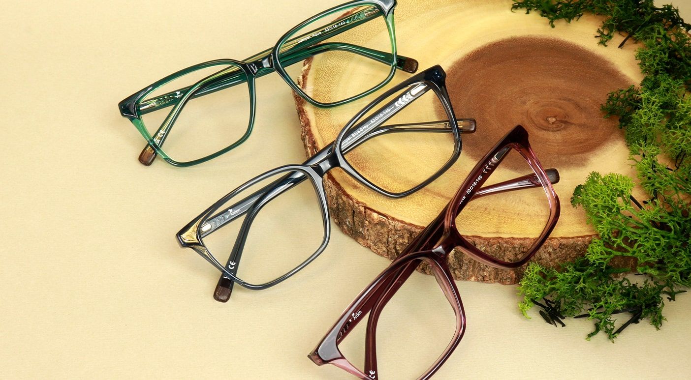 Three rectangular acetate frames in green, blue and purple folded up and leaning on a circular piece of wood with moss decorating the outside.