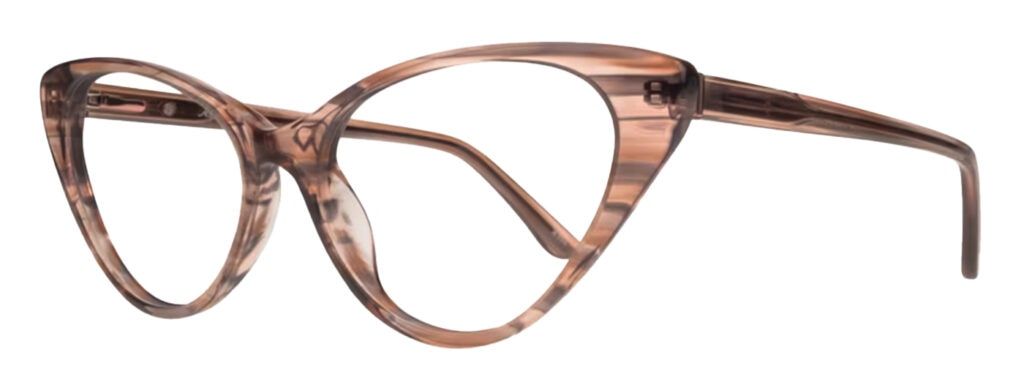 A cat-eye frame with a clear-brown stripy aesthetic. It has dramatic peaked corners and is propped open to one side.
