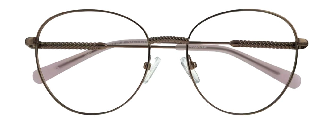 A rose-gold metal phantos frame with a unique intricate engraving along the nose bridge and temples. 
It has rubber nose pads and light-pink acetate temples. It is folded up.