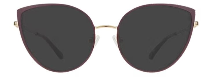 Large purple metal cat-eye sunglasses with adjustable nose pads and pearl detailing along the temples.