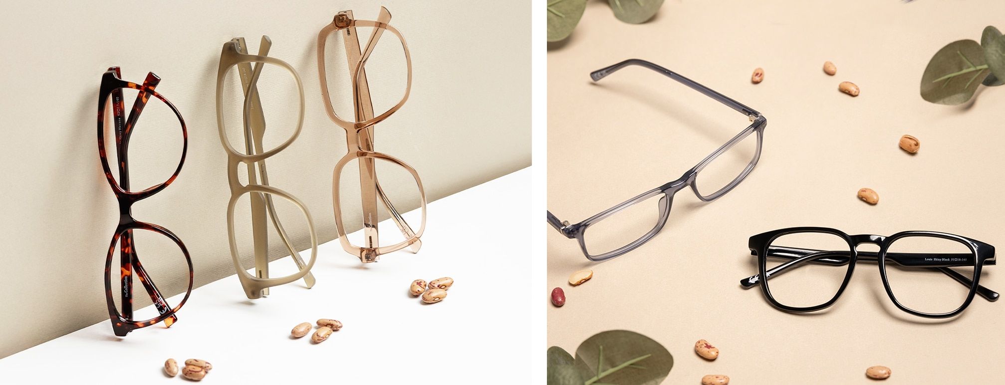 A collage of two images. The first shows three bio-nylon frames standing upright on their corners, each accompanied by a set of three castor seeds placed in front, set against a white and beige background. The frames include a tortoiseshell cat-eye, a squ