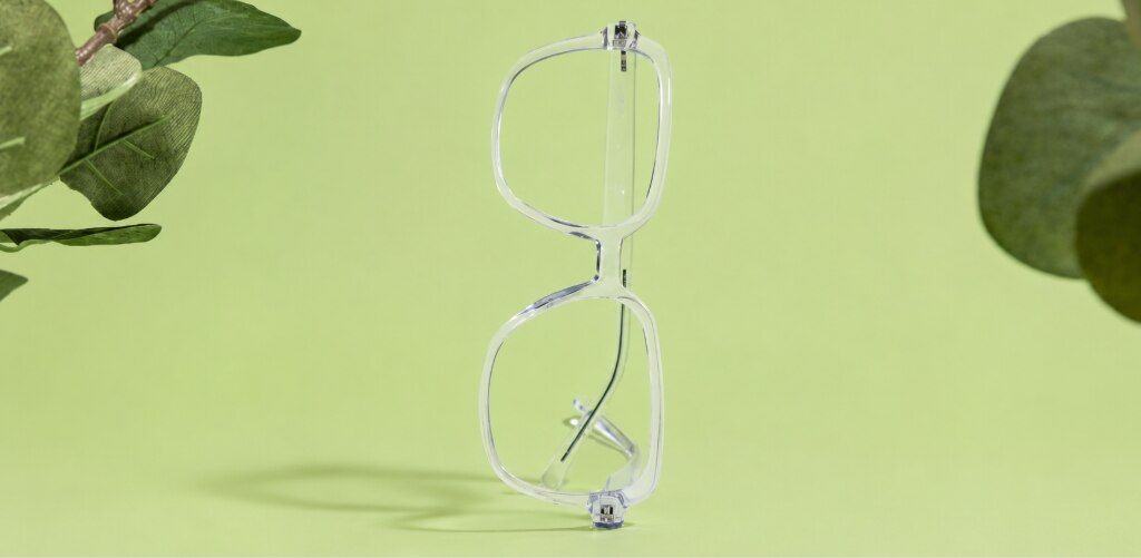 The Collection Leigh transparent bio-nylon eyeglass frames stand upright on a soft light-green surface, framed by blurred green foliage that creates a fresh, nature-inspired backdrop. The clear square-shaped frames are displayed from the side, showcasing 
