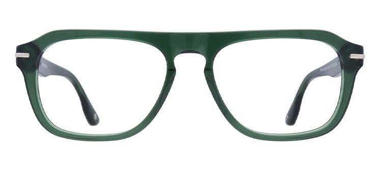 A thick green acetate frame with trapezoid lenses and a very straight browline
