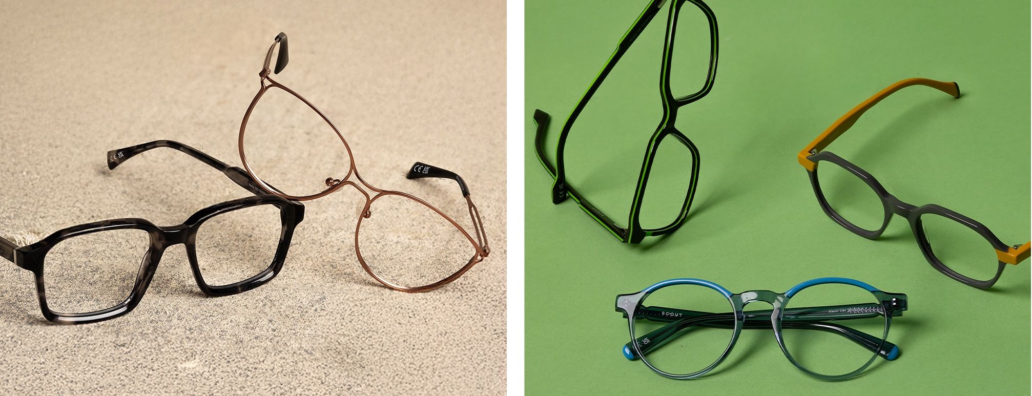 A collage of two images. The first features a pink metal cat-eye frame with graphic detailing, resting atop a black rectangular acetate frame against a rustic background. The second image presents three black acetate frames with bold, layered designs on a