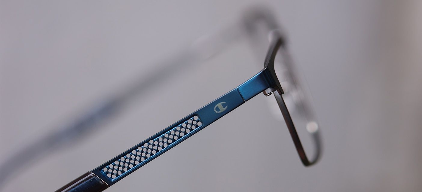 Close-up of arm details of blue metal Champion frame