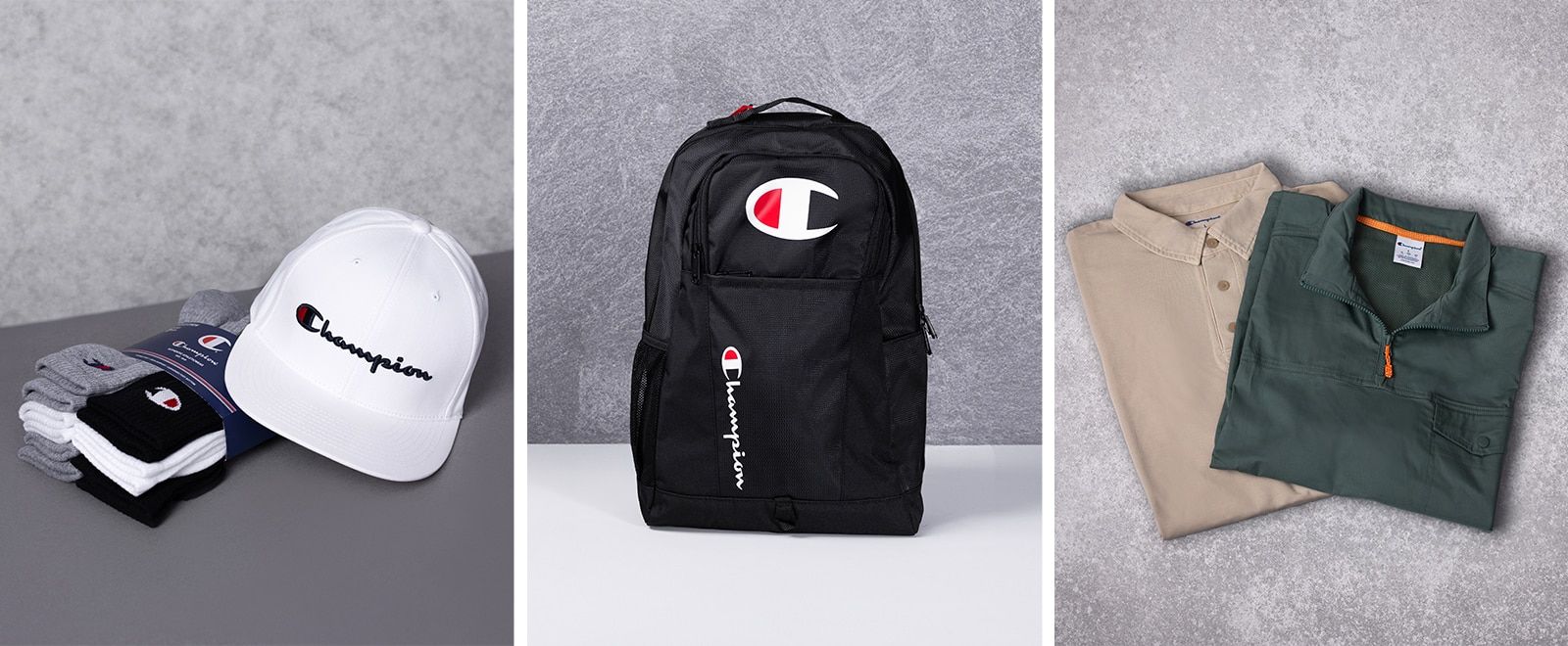 3 images showing the free giveaway items of a Champion hat, socks, backpack and polo shirts