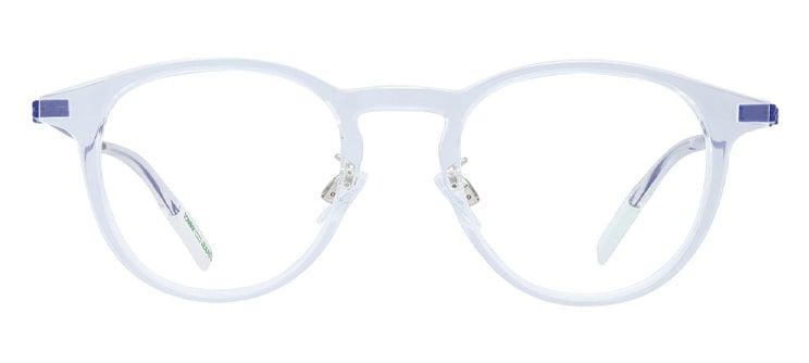 A transparent round frame with blue detailing at the hinges
