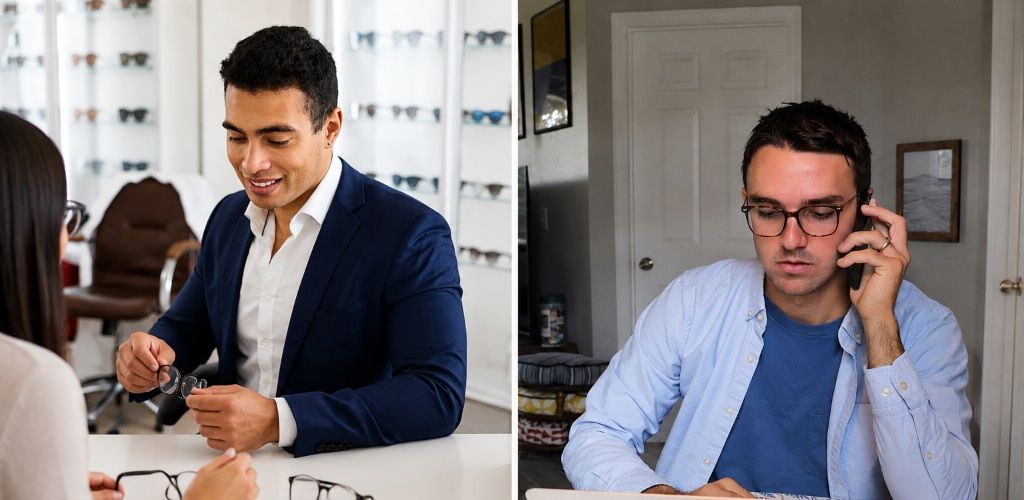 A split-screen image showing two eyewear support interactions. On the left, a man in a blue blazer smiles while an optical store representative helps him choose glasses frames in a showroom. On the right, a man wearing tortoiseshell glasses, a light blue