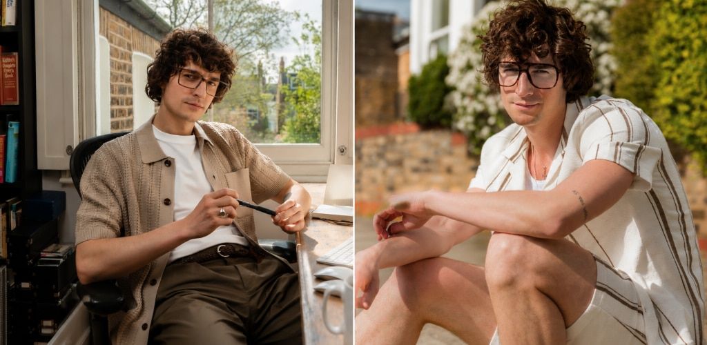 Man with curly brown hair wearing glasses in two settings, working indoors in dark angular acetate frames with a beige knitted shirt and chinos, and relaxing outdoors in Havana aviator glasses with a coordinated shirt and shorts, demonstrating how differe