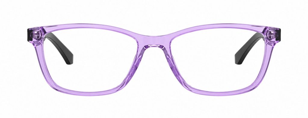 Emporio Armani EA3099 cat-eye glasses in transparent purple acetate with black temples.