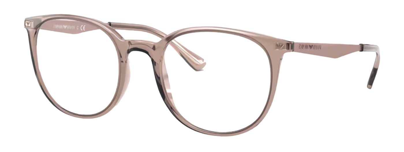 A large phantos frame from Emporio Armani. It is made of a beige-coloured plastic with sleek metal temples. The iconic eagle logo appears on the hinges and the temples showcase the iconic brand name.