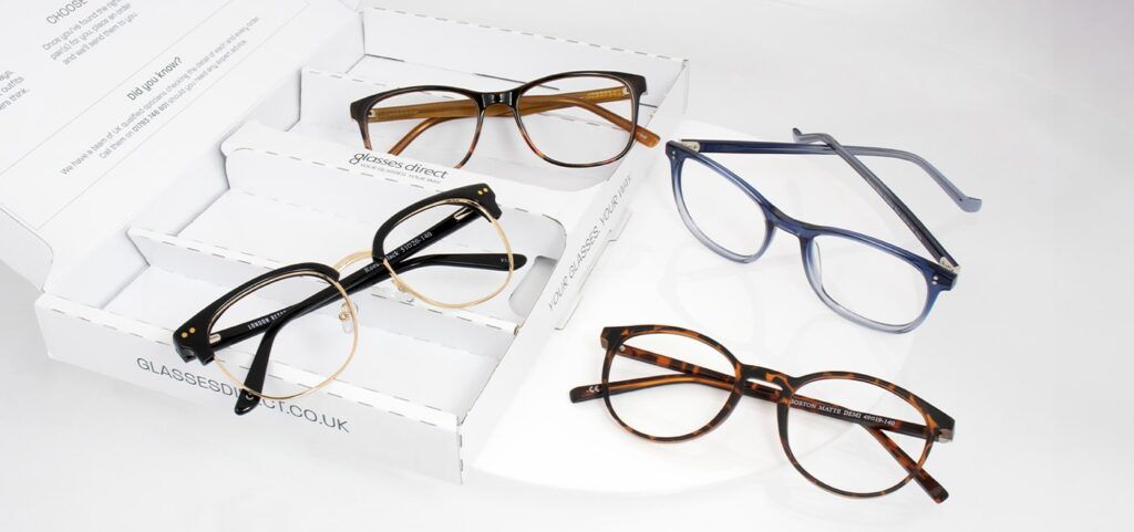 Four pairs of frames from our Home Trial, two pairs resting on the Home Trial box and two pairs outside the box to the right