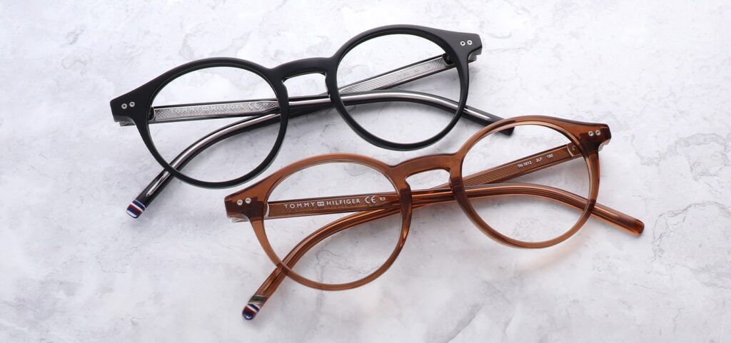Flatlays of two Tommy Hilfiger frames, one black and one brown