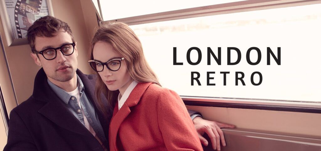 London Retro logo place on a photo of a young male and female wearing glasses from the London Retro collection