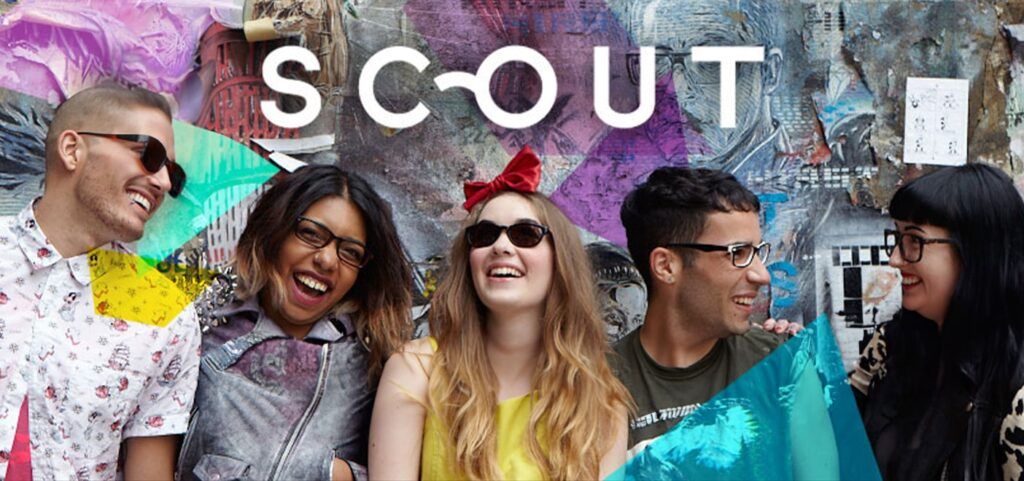 Scout logo place on a photo of five young people, smiling and laughing while wearing frames from the Scout collection