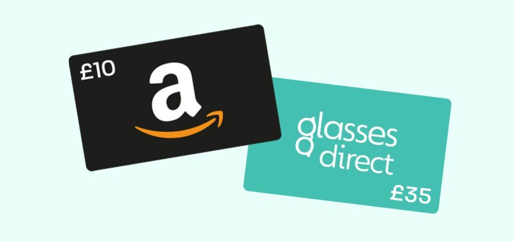 Two voucher graphics of a £10 Amazon voucher and £35 Glasses Direct voucher