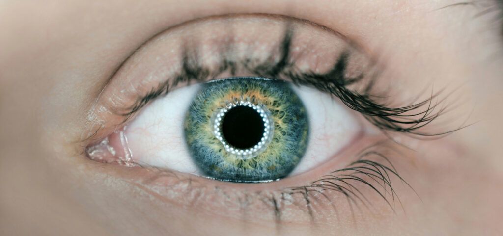 A close-up shot of a hazel-coloured eye with a bright light reflected in it.