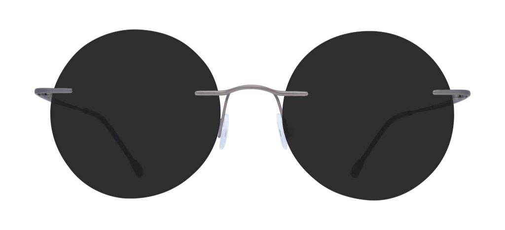 Round rimless sunglasses made of grey titanium.