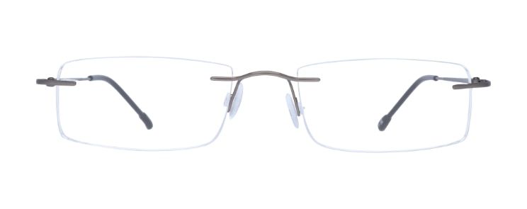 A rimless frame with a subtle rectangular shape. It is made of metal with rubber nose pads.